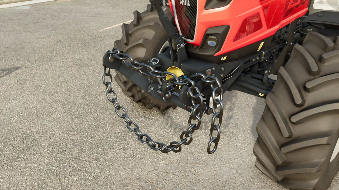 FS25 mod showing chains on a tractor in Farming Simulator 25. Rope And Chain v1.0.0.0 enhances gameplay.