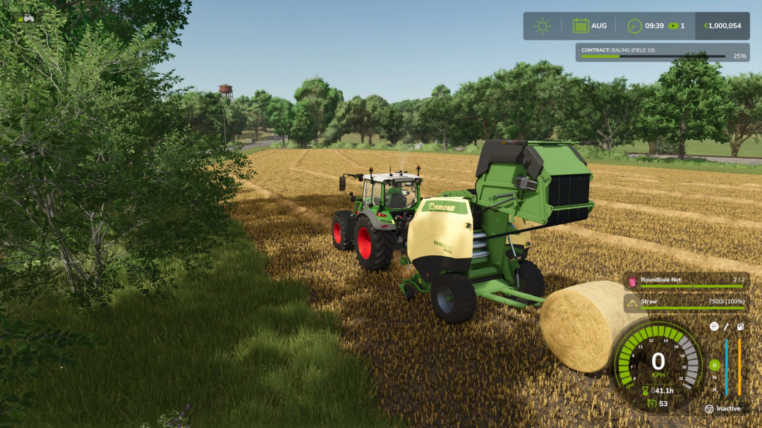 Farming Simulator 25 mod: Round Baler Extension in use, showing a tractor baling straw in a field.