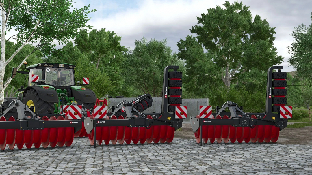 FS25 mods, Saphir SW30 v1.0.0.0 displayed on a farm with a tractor, highlighting farming equipment in Farming Simulator 25.