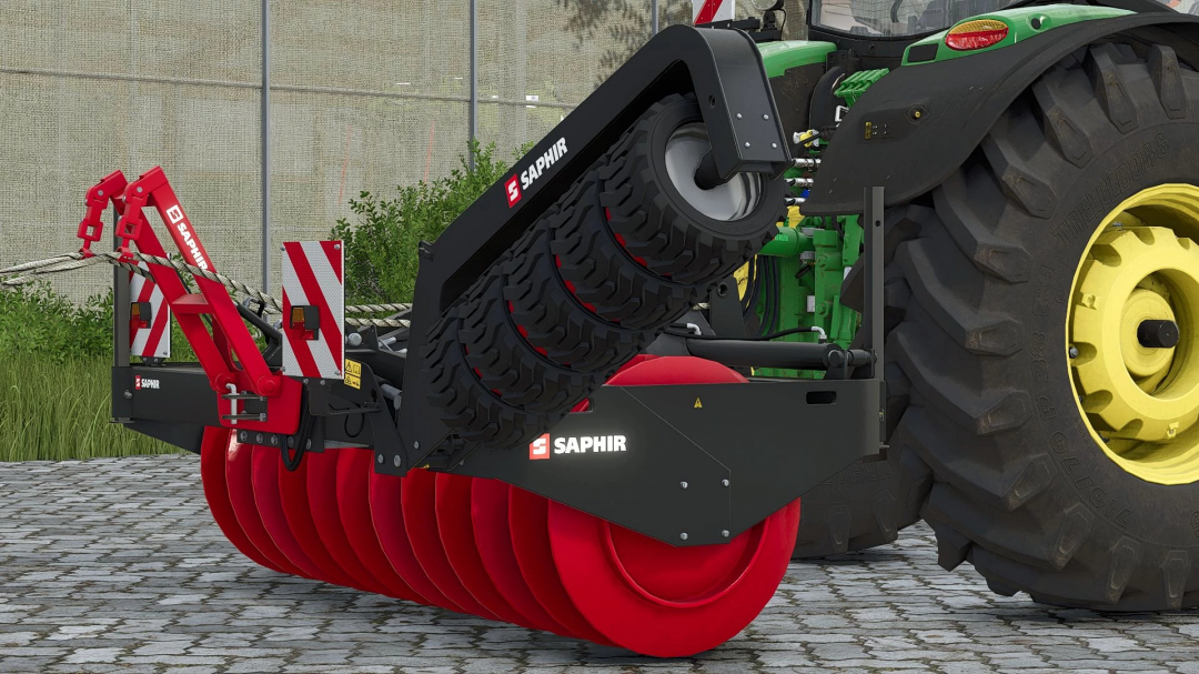 Saphir SW30 mod for FS25 featuring modern agricultural equipment attached to a green tractor.