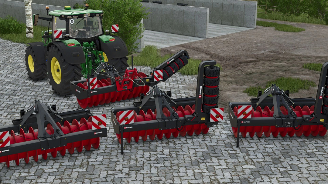 FS25 mod Saphir SW30 v1.0.0.0 shows a tractor with a red and black roller attachment on a farm path.