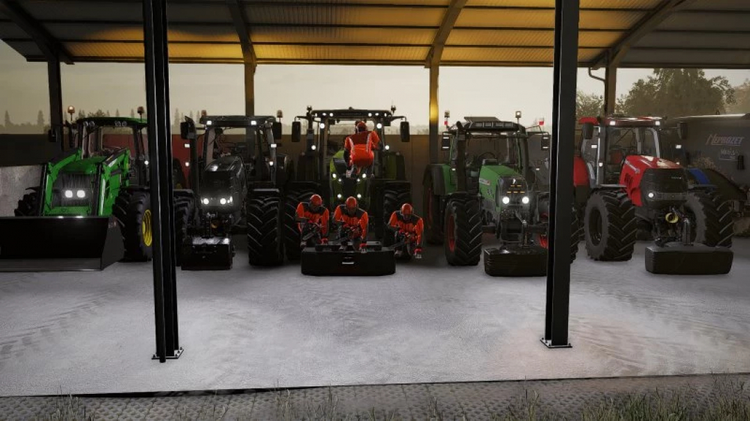 FS22 mods showcase: a row of tractors in a barn from 'Save live from wrzosow fs22 v1.0.0.0'.