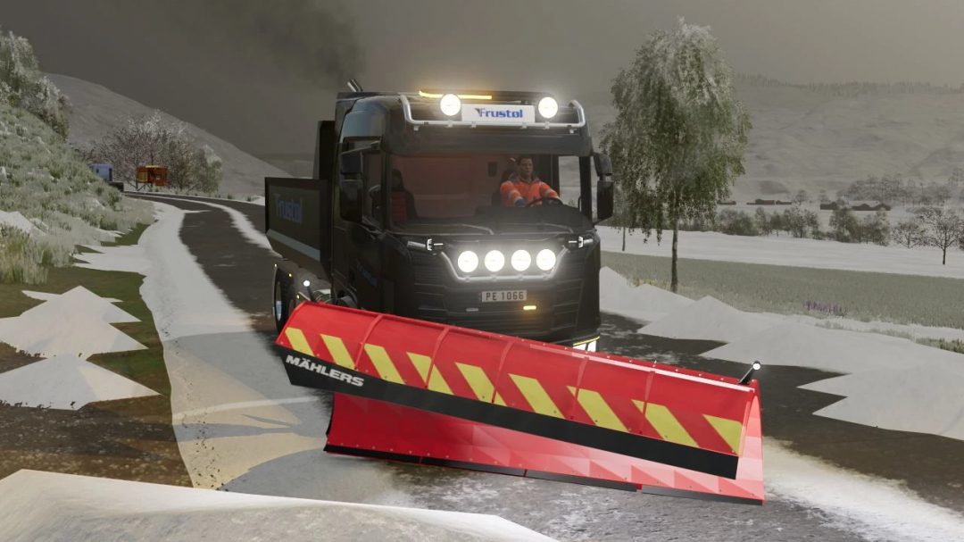 FS22 mod Scania R Series Pack with snow plow on a snowy road.