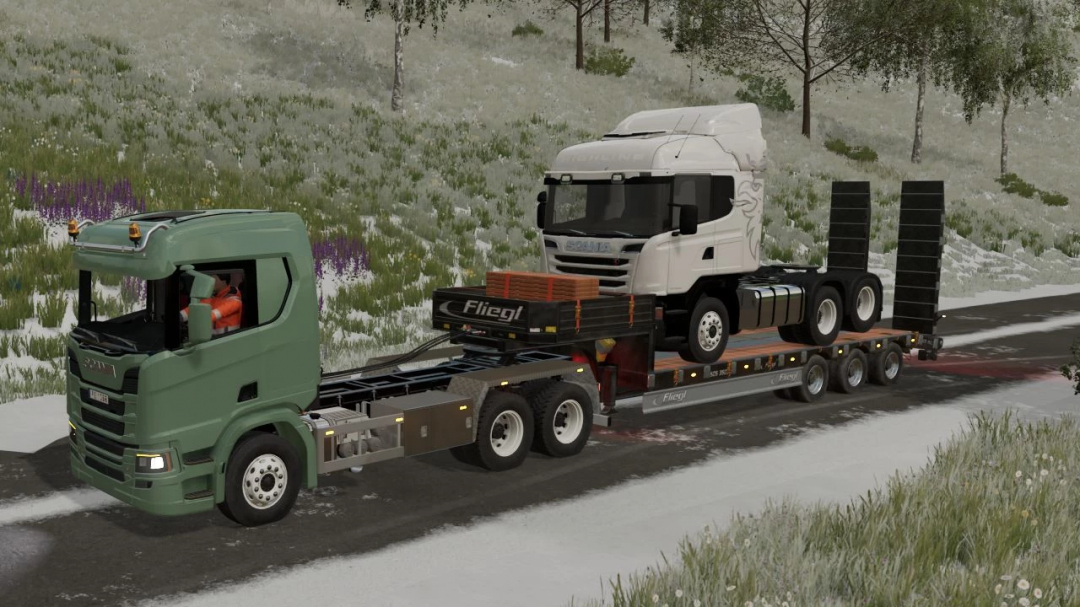 FS22 mod Scania R Series Pack v1.1.0.0 showing a green truck towing a white Scania on a snowy road.