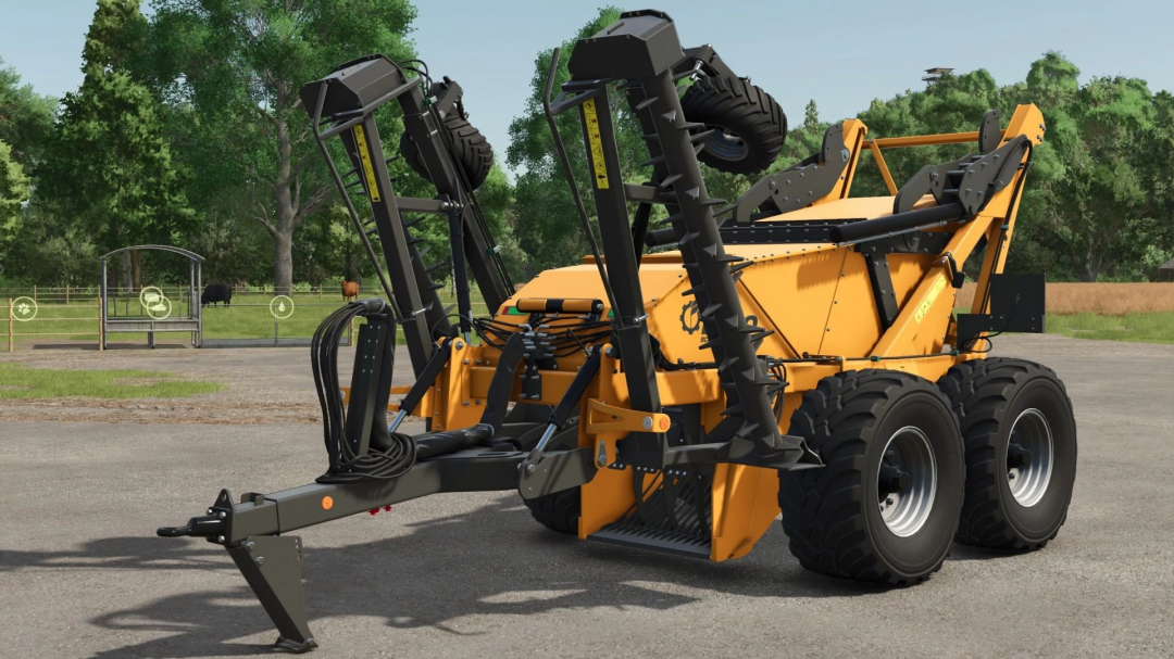 Scorpion 550 rework v1.0.0.2 mod in FS25, featuring a yellow heavy-duty agricultural machine with spike arms in a farm setting.