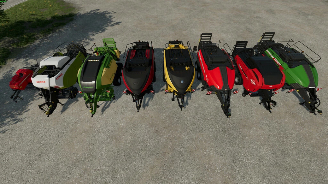 Image of different balers from the Selectable Bale Capacity Pack mod in FS22, showcasing diverse designs.