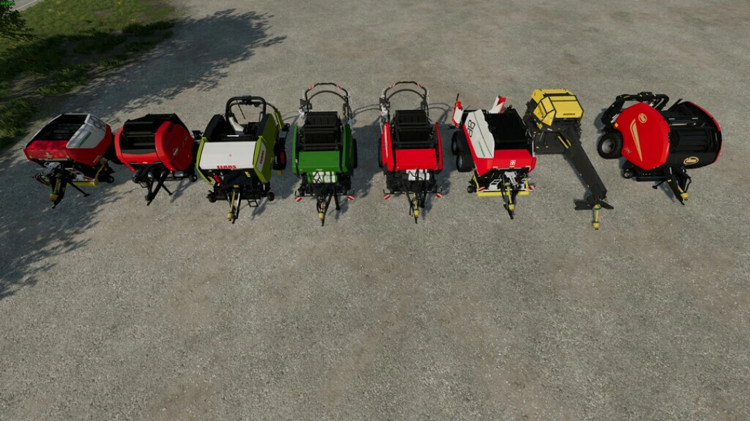 FS22 mods: Various balers from Selectable Bale Capacity Pack v1.5.0.0, Farming Simulator 22 mods displayed in a lineup.