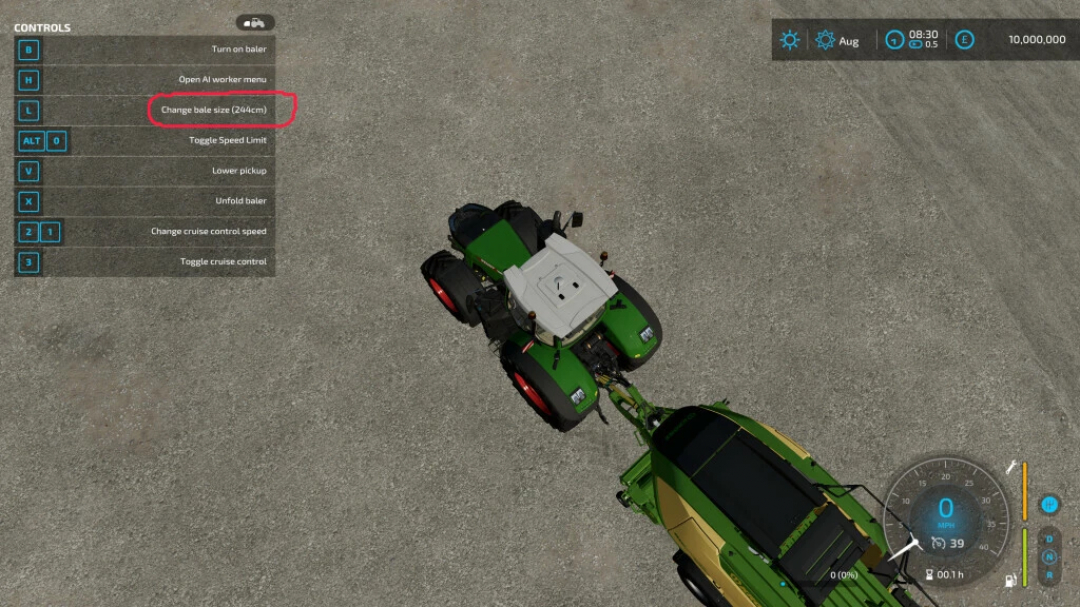 FS22 mod showing tractor with selectable bale capacity options, highlighting change bale size feature.