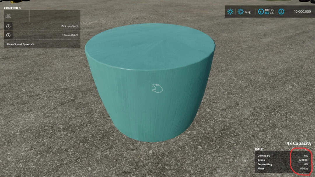 FS22 mod screenshot showing a blue bale with selectable capacity of 22,000 liters in Farming Simulator 22.