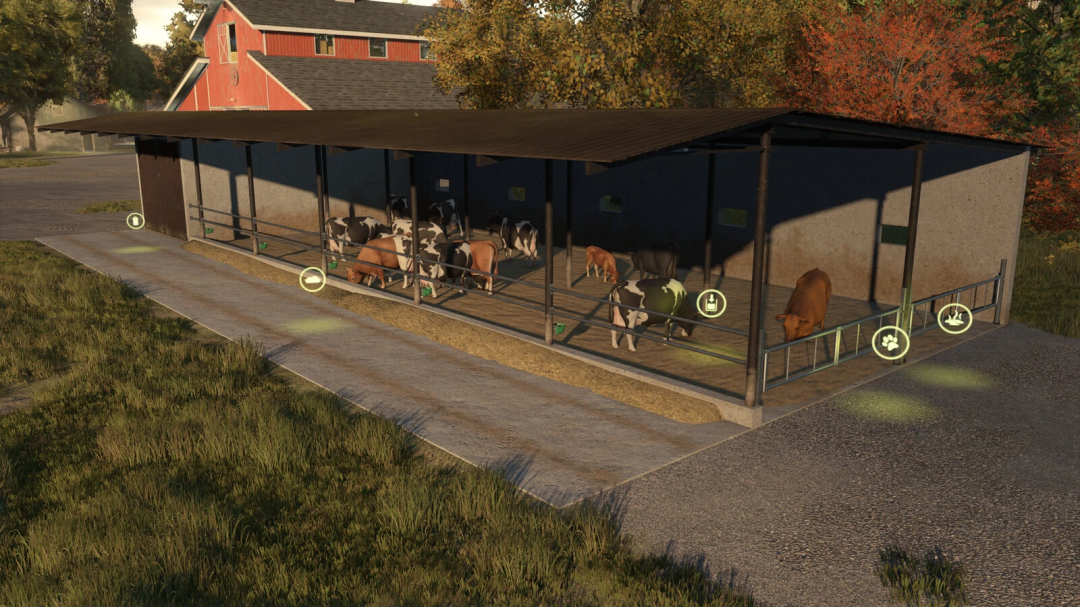 FS25 mod Shed Cow Barn v1.0.0.0 featuring cows in an open structure with icons showing functionalities in Farming Simulator 25.