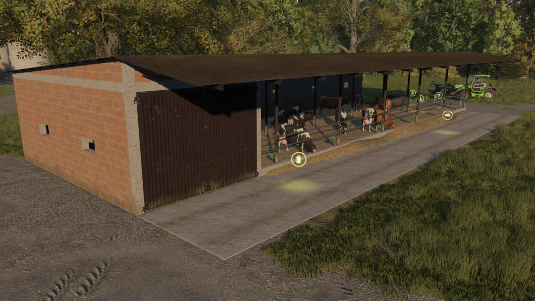 FS25 mod Shed Cow Barn v1.0.0.0 showing a brick barn with cows, a tractor nearby, and lush greenery.