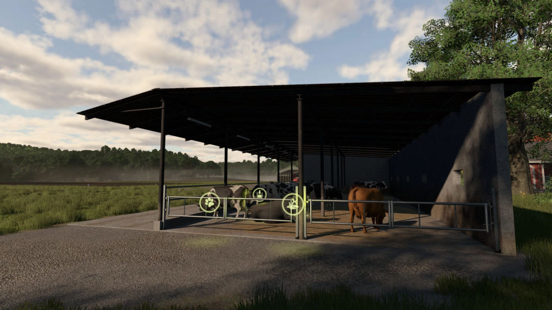 Shed Cow Barn mod in FS25 featuring a barn with cows grazing, lush green field, and trees. Farming Simulator 25 mods.