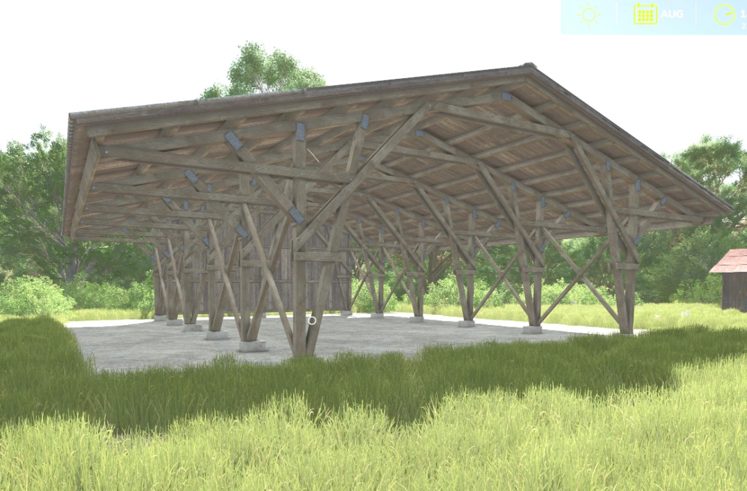 Wooden shed from Felsburn mod in Farming Simulator 25, surrounded by trees and grass.