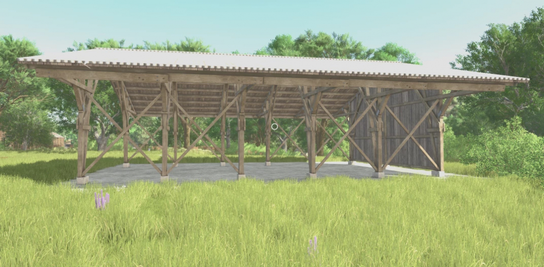 Wooden shed mod from Felsburn and Goldcrest in Farming Simulator 25, set in a grassy field.