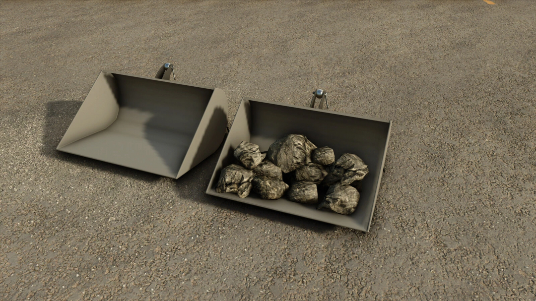 FS25 Shovel Weights mod v1.0.0.0 showing two shovels, one filled with rocks.