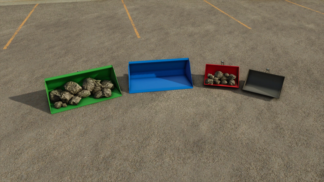 FS25 mod Shovel Weights v1.0.0.0 showing four colored shovels with varying weights on a concrete surface.