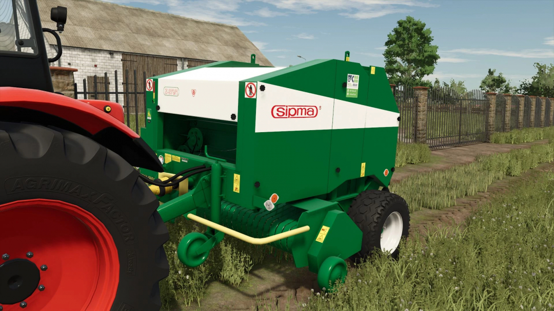 Sipma Z279 v1.1.0.0 mod in Farming Simulator 25, featuring green machinery attached to a tractor in a rural setting.