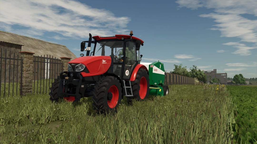 FS25 mods: Sipma Z279 v1.1.0.0, red tractor with green baler in a grassy field.