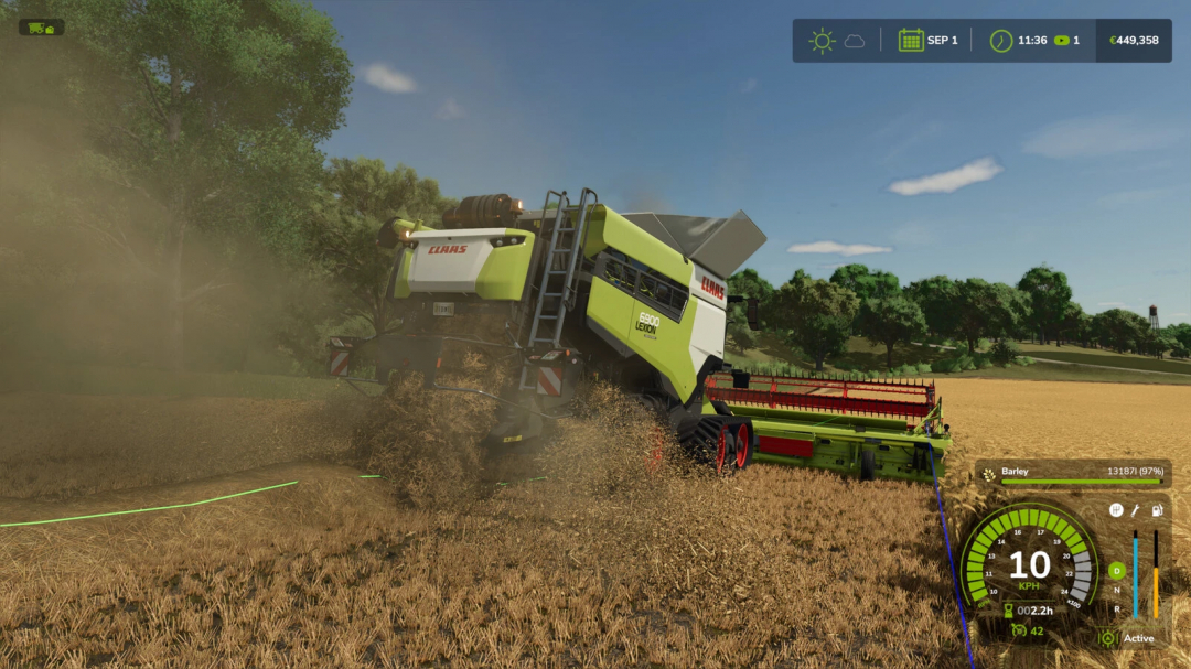 FS25 mod Stop Full Combine v1.0.0.0 showing a Claas 6900 Lexion harvester working in a barley field.