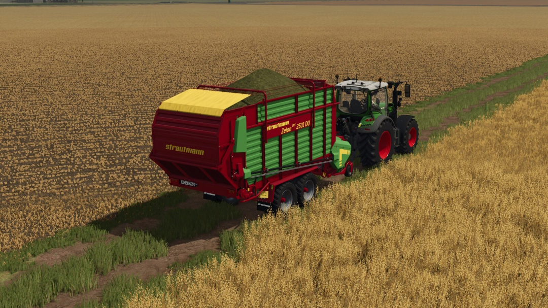 A tractor with Strautmann ZELON CFS 2501 DO trailer in a field in FS25 mod.