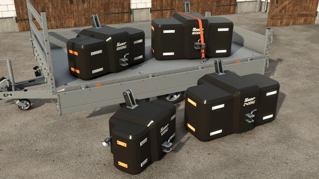 Suer Weight Pack v1.0.0.0 mod for FS25 showing various black tractor weights on a trailer.