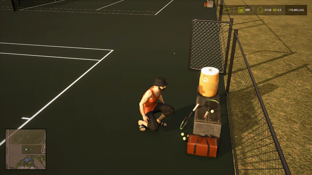 FS25 mod Tennis Courts v1.0.0.0 features a player next to tennis equipment on a court. Farming Simulator 25 mods enhance gameplay.