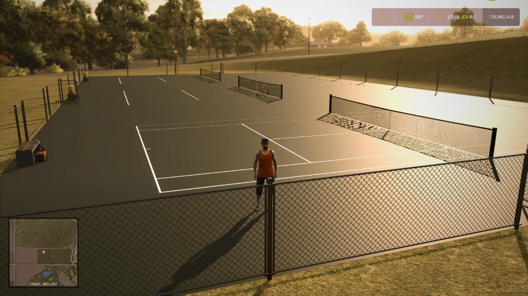 FS25 mod Tennis Courts v1.0.0.0, featuring multiple tennis courts surrounded by trees at sunset.