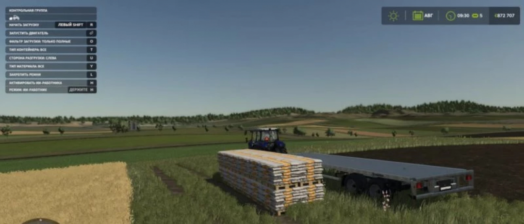 FS25 mod Universal Autoload v0.0.0.4 showcasing a tractor loading pallets onto a trailer in a farm field.