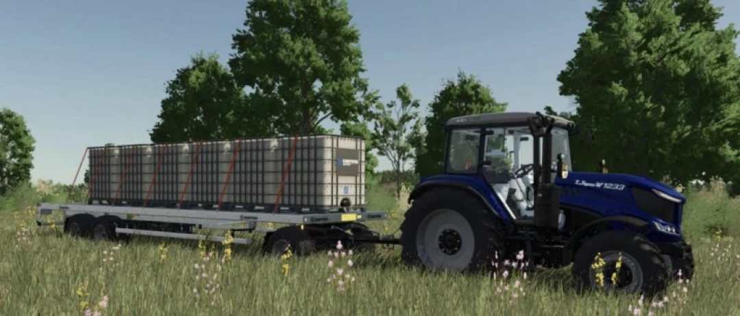 FS25 mod Universal Autoload v0.0.0.4 showing a blue tractor with a trailer loaded with tanks in a grassy field, enhancing farming transport.