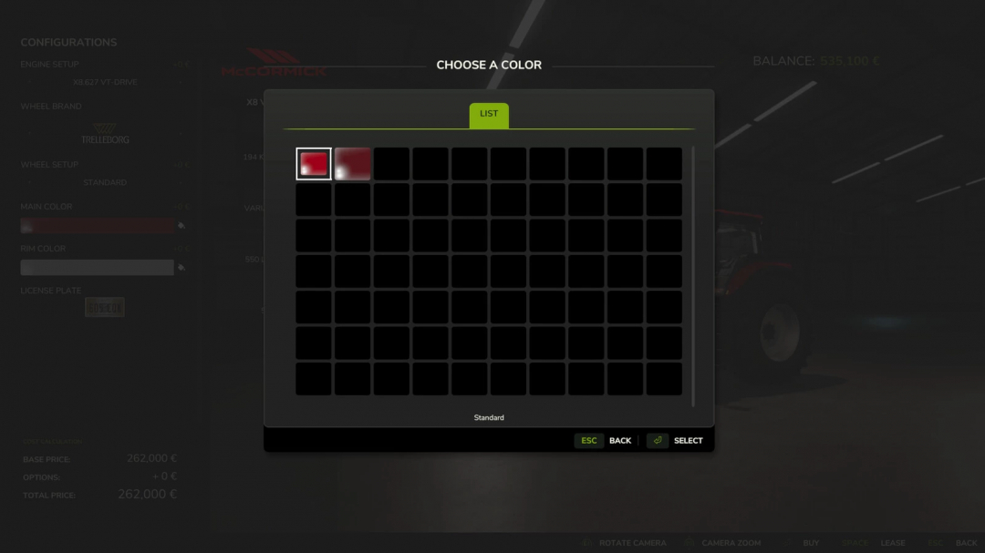 FS25 mods: Unlimited Color Configurations v1.0.0.0 interface, showing color selection grid in Farming Simulator 25.