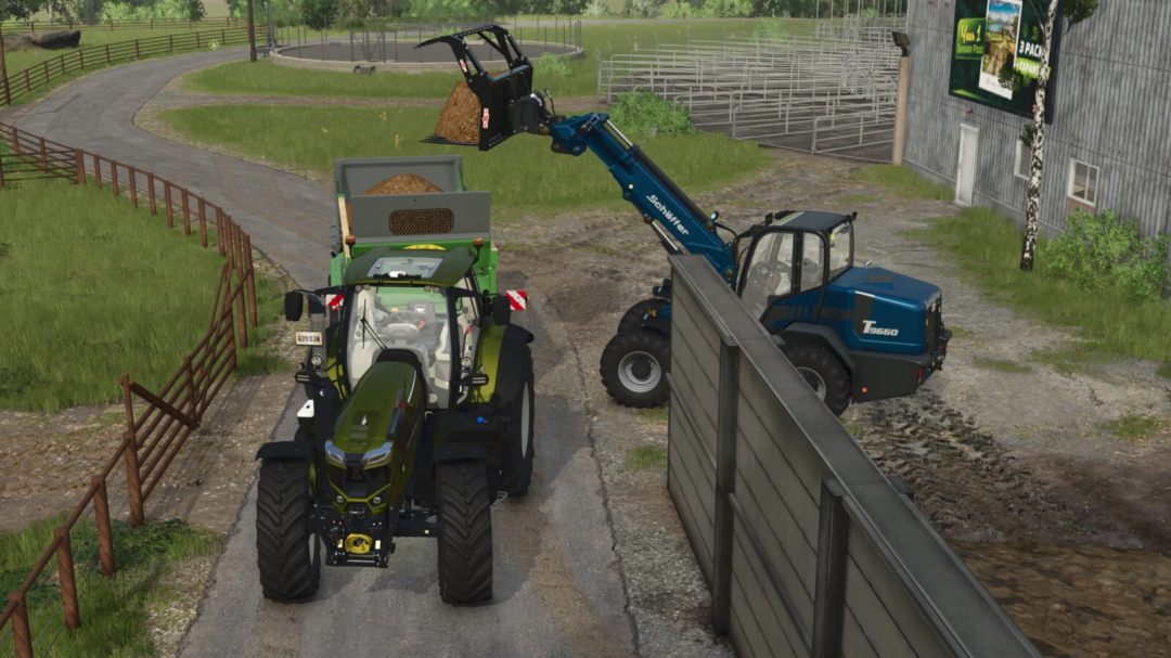 FS25 mods: Tractors with Unlimited Color Configurations v1.0.0.0 in action, loading hay near a barn.