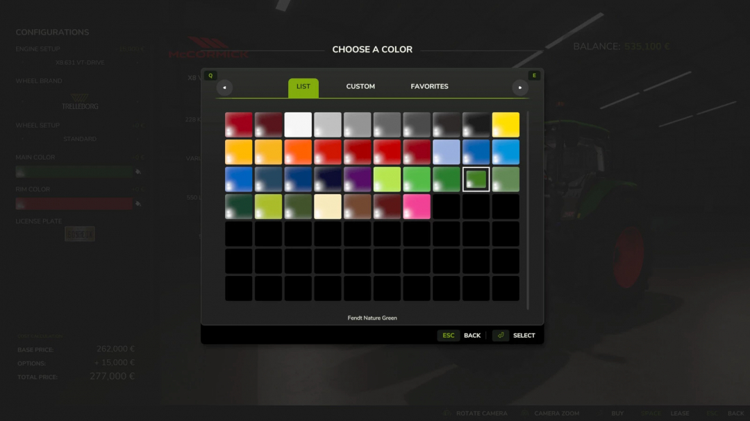 FS25 Unlimited Color Configurations mod showing various color options for customization.