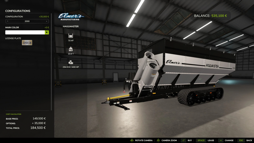 FS25 mod showing the Haulmaster trailer with unlimited color configurations in a warehouse. Price details and specs are displayed.