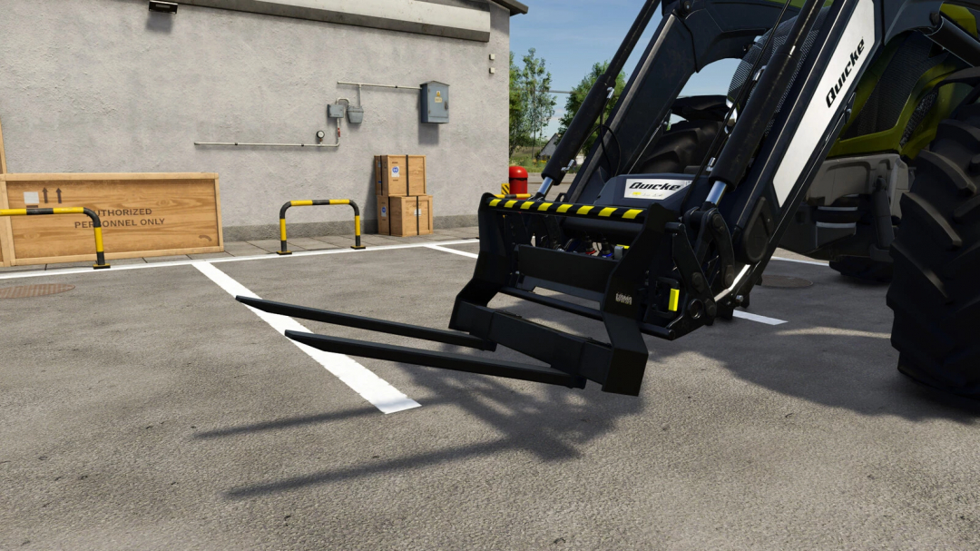 Vama Pallet Fork attached to a tractor in FS25 mod, Farming Simulator 25.