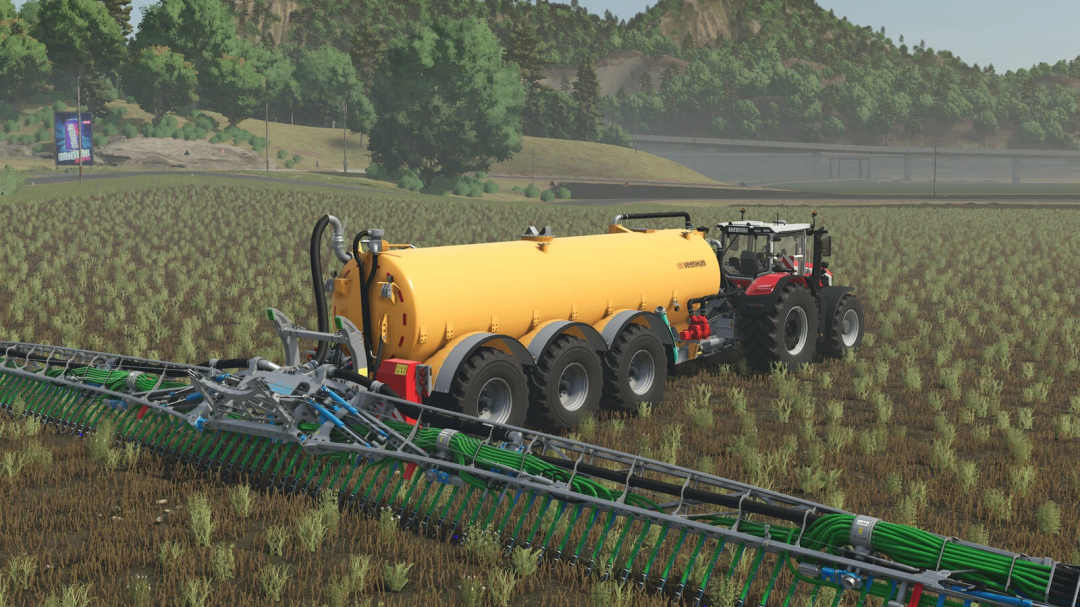 Veenhuis Premium Integral 20000 mod in FS25, showcasing a tractor with a yellow tank sprayer in a field.