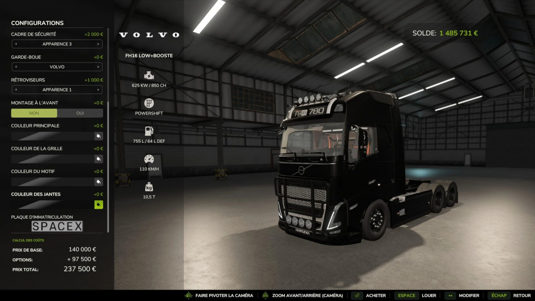 FS25 mods, Volvo FH16 Edit v1.0.0.1 in a warehouse with configuration options. Farming Simulator 25 vehicle customization.