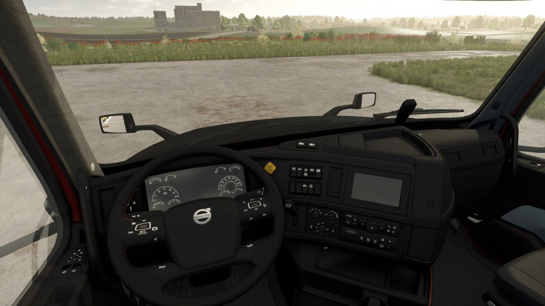 Interior view of Volvo VNX 300 truck mod in Farming Simulator 25, showcasing detailed dashboard and steering wheel features.