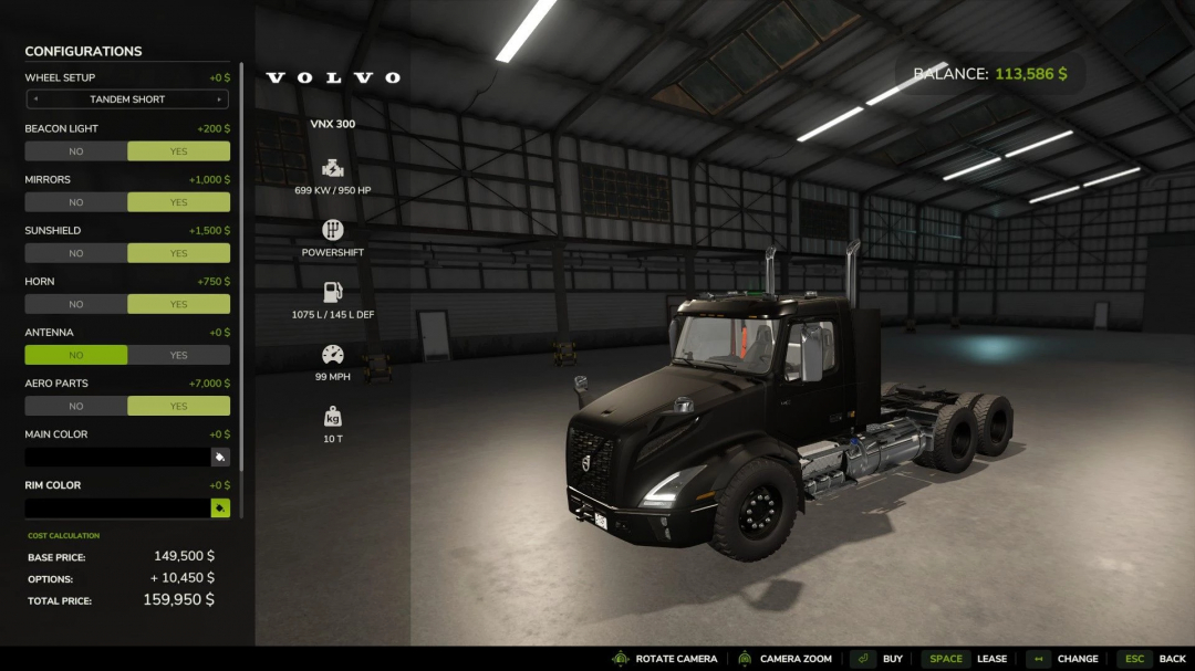 FS25 mod Volvo VNX 300 Edit v1.0.0.0 displayed in a garage with configuration options.