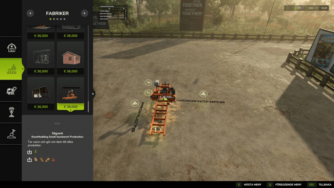 Woodmizer lt15 Placeable wood station in FS25 mod menu, priced at €36,000.