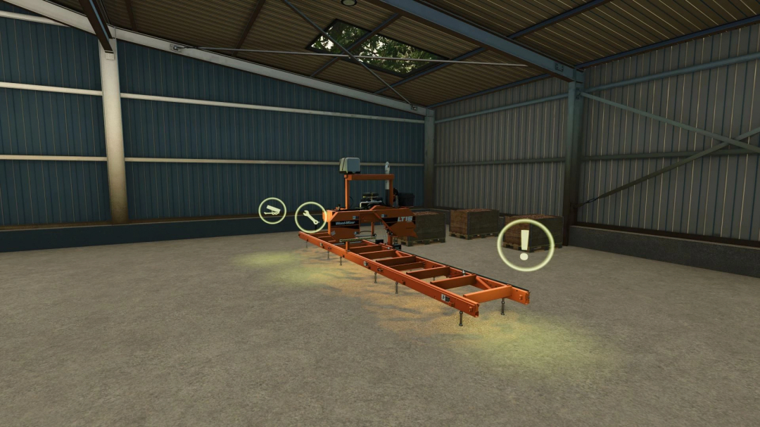 Woodmizer LT15 Placeable Wood Station mod in a shed for Farming Simulator 25.