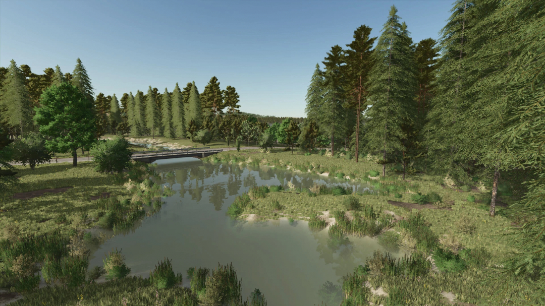 Zielonka Forestry Edition mod for FS25 showcasing a serene forest landscape with a bridge over a stream.