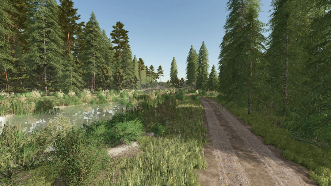 Zielonka Forestry Edition v1.0.0.0 mod for FS25, featuring a lush forest landscape with a dirt path and small pond in Farming Simulator 25.