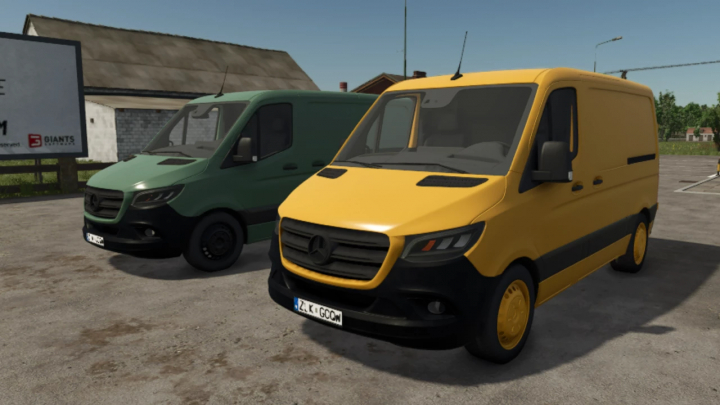 fs25-mods,  Two Mercedes-Benz Sprinter vans in green and yellow, featured in FS25 mod 2018, parked in a farm setting.