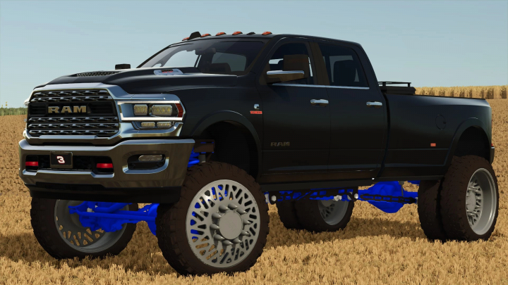 fs25-mods,  2024 Dodge Ram 3500 Crew Cab mod for FS25, showcasing a black truck with lifted suspension in a field.