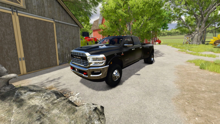 fs25-mods,  2024 Dodge Ram 3500 CrewCab mod in FS25, parked near a barn in Farming Simulator 25.