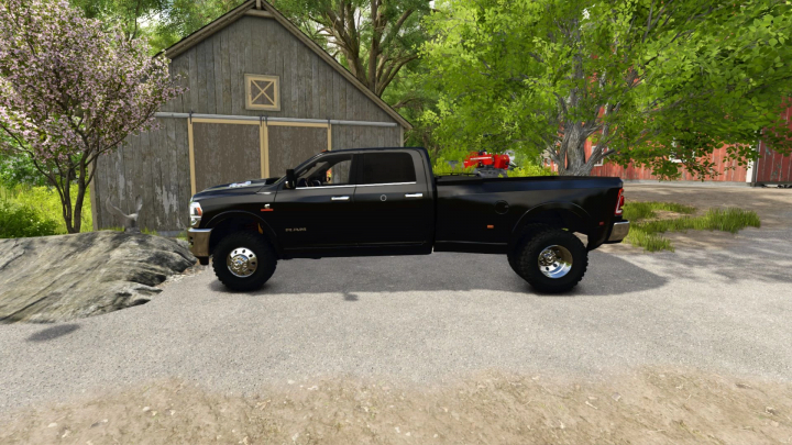 fs25-mods,  2024 Dodge Ram 3500 CrewCab in FS25 mod, parked by a barn surrounded by trees.