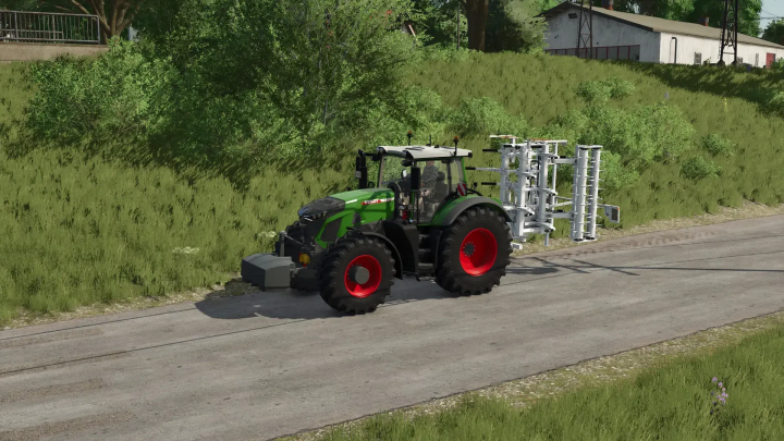 fs25-mods,  Farming Simulator 25 mod featuring a green tractor with Alpego kExtreme 500 Plow v1.0.0.0 on a country road.