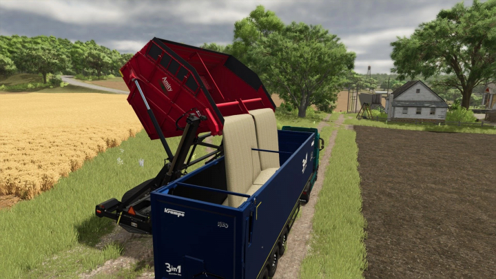 fs25-mods,  Amity Crop Chaser 1000 Edit v1.0.1.0 mod in FS25, unloading grain into trailer next to fields.