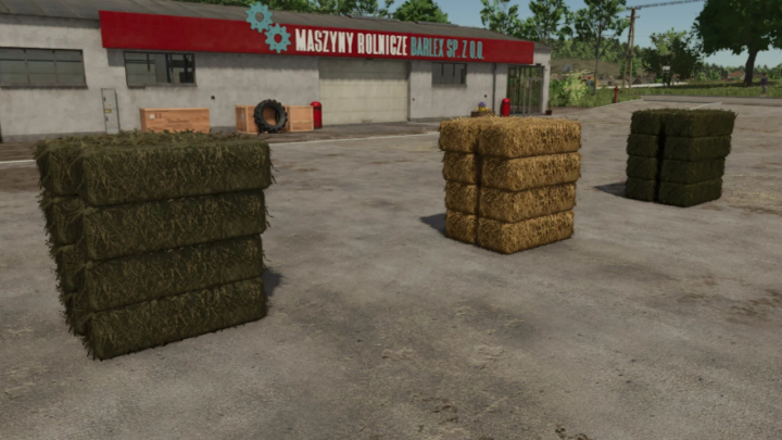 fs25-mods,  Buyable small bales mod in FS25, featuring stacks of green and brown bales outside a farm building.