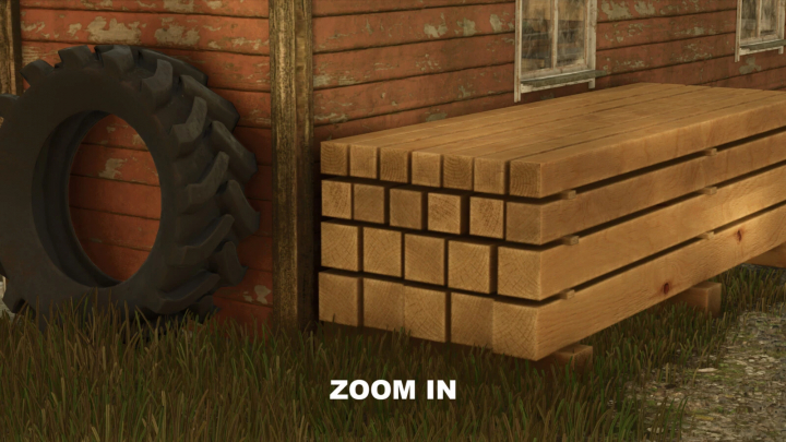 fs25-mods,  Close-up of wooden planks and a tire against a rustic wall in FS25 Camera Zoom mod v1.1.0.0.